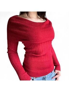 y2k vintage red sparkly rib knit off-the-shoulder sweater